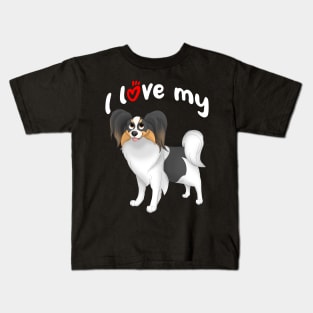 I Love My White, Black & Tan Papillon Dog Kids T-Shirt